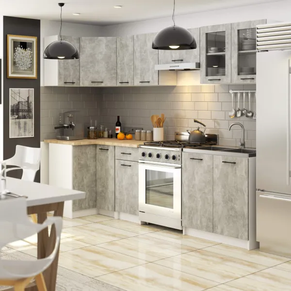 Ak furniture Kuchyňská rohová linka Olivie 3 m prosklená beton/dub sonoma