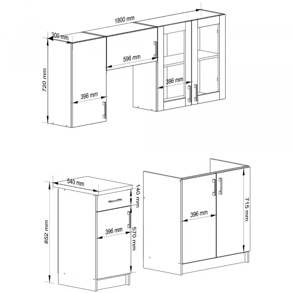 Ak furniture Kuchyňská linka Olivie 1,8 m  H720 prosklená bílá/dub sonoma
