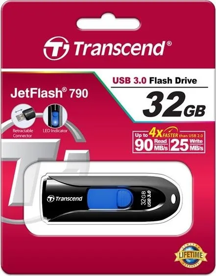 TRANSCEND Flash disk 32GB JetFlash®790, USB 3.1 (R:90/W:25 MB/s) čierna/modrá