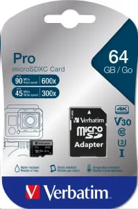 Karta VERBATIM MicroSDXC 64GB Pro, U3 + adaptér