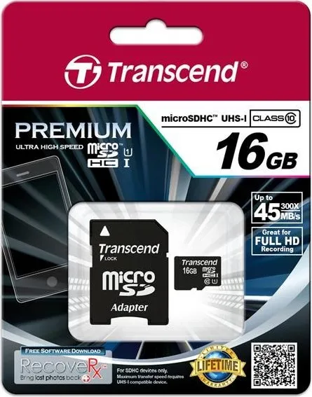 Karta TRANSCEND MicroSDHC 16GB Premium, Class 10 UHS-I 300x + adaptér