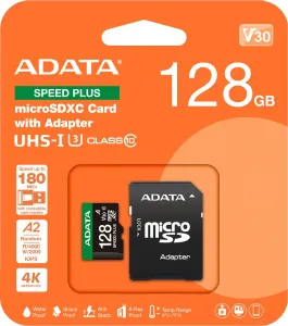 A-Data ADATA MicroSDXC karta 128GB Speed Plus, U3, C10, A2, V30 (R:180/W:160 MB/s) + SD adaptér