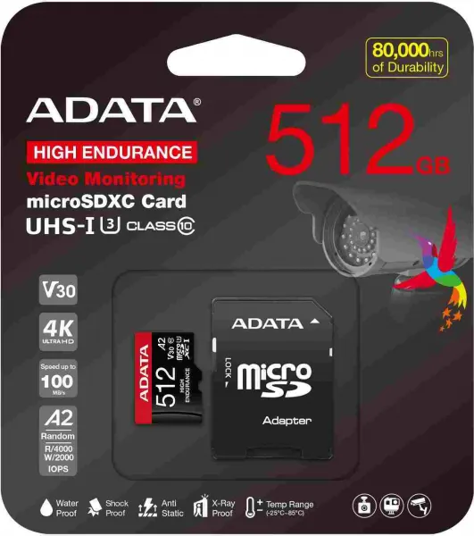 A-Data ADATA MicroSDXC karta 512GB High Endurance UHS-I C10 V30 A2 (R:100/W:85 MB/s) + SD adaptér