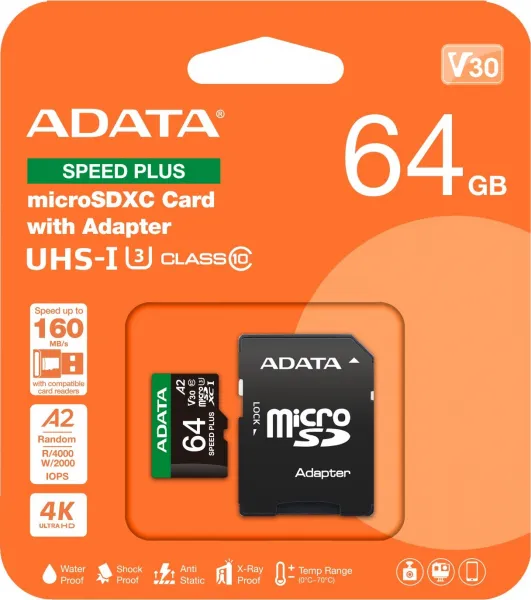 A-Data ADATA MicroSDXC karta 64GB Speed Plus, U3, C10, A2, V30 (R:160/W:140 MB/s) + SD adaptér