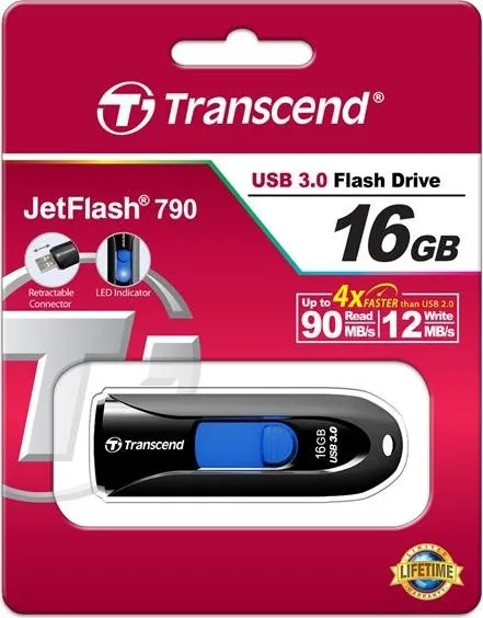 TRANSCEND USB Flash disk 16GB JetFlash®790, USB 3.1 (R:90/W:12 MB/s) čierna/modrá