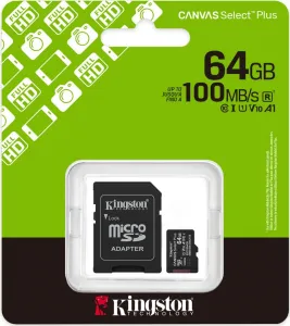 Kingston MicroSDXC karta 64GB Canvas Select Plus, U1, V10, A1, SD Adaptér