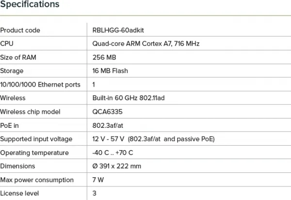 MikroTik Wireless Wire Dish (LHGG-60ad), 1Gbps full-duplex bez káblov, 802.11ad, 60GHz, L3, dosah 1500m+