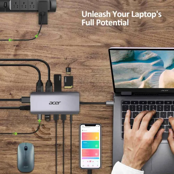 Kľúč ACER 12v1 typu C: 2 x USB3.2, 2 x USB2.0, 1x SD/TF, 2 x HDMI, 1 x PD, 1 x DP, 1 x RJ45, 1 x 3.5 Audio