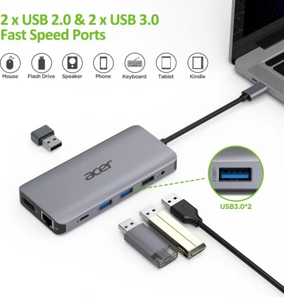 Kľúč ACER 12v1 typu C: 2 x USB3.2, 2 x USB2.0, 1x SD/TF, 2 x HDMI, 1 x PD, 1 x DP, 1 x RJ45, 1 x 3.5 Audio