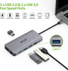 Kľúč ACER 12v1 typu C: 2 x USB3.2, 2 x USB2.0, 1x SD/TF, 2 x HDMI, 1 x PD, 1 x DP, 1 x RJ45, 1 x 3.5 Audio