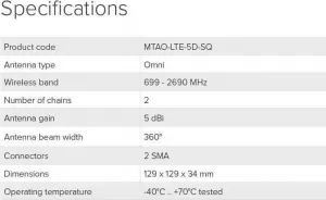 Mikrotik mANT LTE (MTAO-LTE-5D-SQ), 5dBi všesmerová anténa LTE, 2x2MIMO, 699 - 2690 MHz, 2x SMA