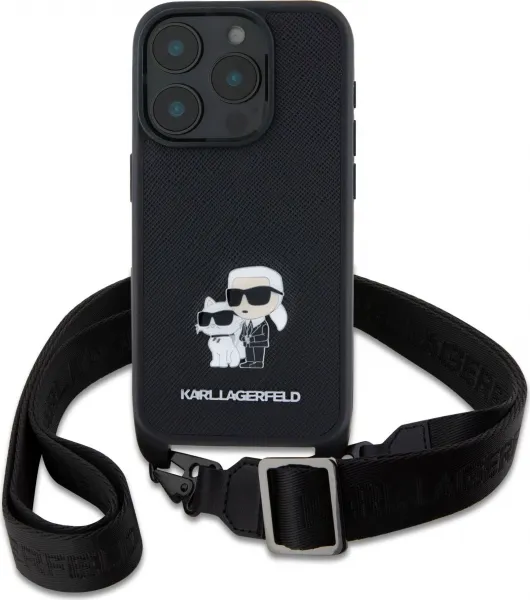 Karl Lagerfeld Saffiano Kryt s Popruhom pre iPhone 16 Pro, Čierny