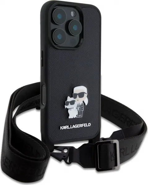 Karl Lagerfeld Saffiano Kryt s Popruhom pre iPhone 16 Pro, Čierny