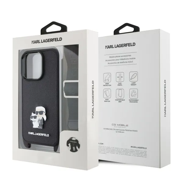 Karl Lagerfeld Saffiano Kryt s Popruhom pre iPhone 16 Pro, Čierny