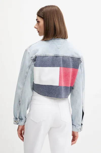 Rifľová bunda Tommy Jeans modrá farba, prechodná, oversize, DW0DW21063