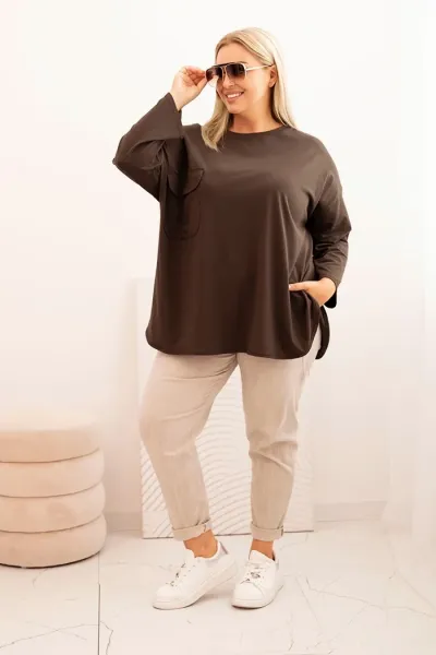 Kesi Włoski Dámska blúzka Plus Size s bavlnou, s vreckom a s podhodeným rukávom hnedá
