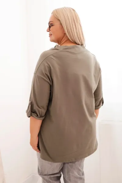 Legínovo Dámska blúzka Plus Size z bavlnou voľného strihu s vodným výstrihom béžová Farba: Khaki, Veľkosť: UNI
