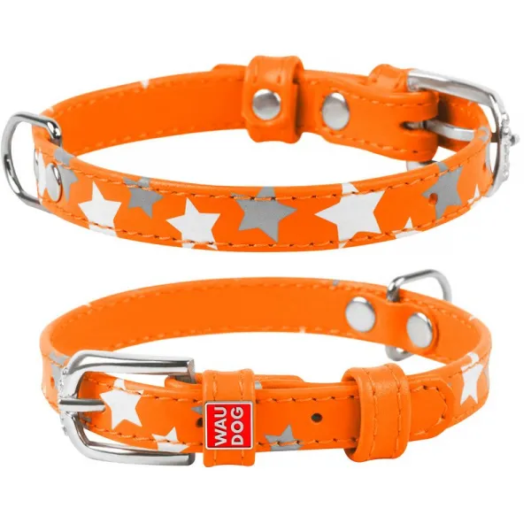 Plochý kožený obojok s hviezdičkami oranžový svietiaci, Obvod krku: 19-25cm, šírka: 9mm