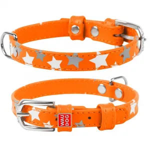 Plochý kožený obojok s hviezdičkami oranžový svietiaci, Obvod krku: 19-25cm, šírka: 9mm