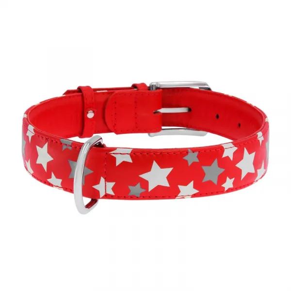Plochý kožený obojok s hviezdičkami červený svietiaci, Obvod krku: 30-39 cm, širka: 20 mm