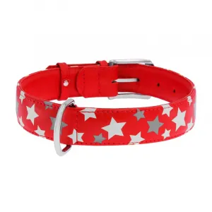 Plochý kožený obojok s hviezdičkami červený svietiaci, Obvod krku: 30-39 cm, širka: 20 mm
