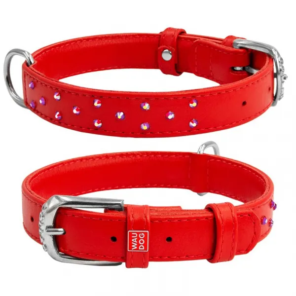 Plochý kožený obojok červenej farby s kryštálmi, Obvod krku: 19-25 cm, širka: 9 mm