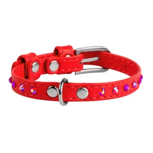 Plochý kožený obojok červenej farby s kryštálmi, Obvod krku: 19-25 cm, širka: 9 mm