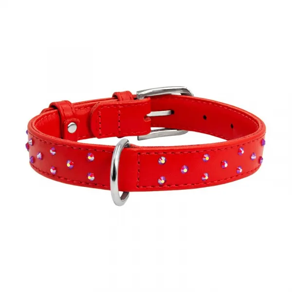 Plochý kožený obojok červenej farby s kryštálmi, Obvod krku: 19-25 cm, širka: 9 mm