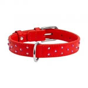 Plochý kožený obojok červenej farby s kryštálmi, Obvod krku: 19-25 cm, širka: 9 mm