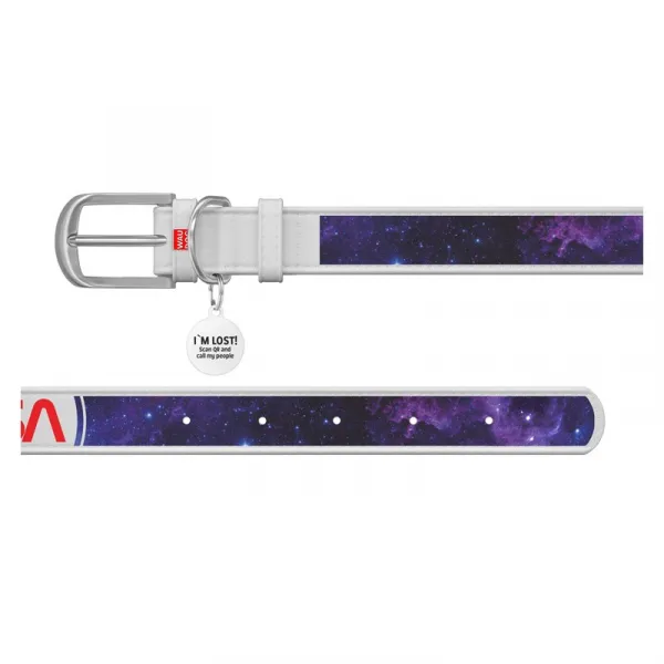 Kožený obojok so vzorom NASA 21 biely, Obvod krku: 21-29 cm, širka: 12 mm