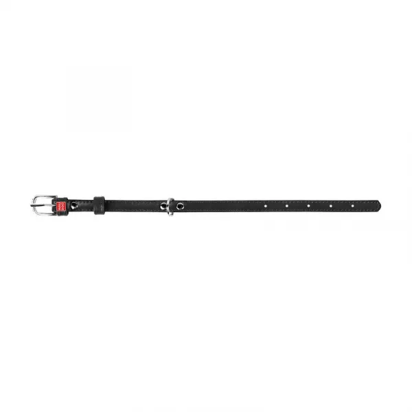 Plochý kožený obojok čiernej farby, Obvod krku: 18-21 cm, širka: 9 mm