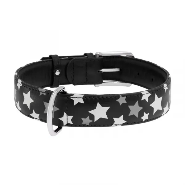 Plochý kožený obojok s hviezdičkami čierny svietiaci, Obvod krku: 19-25cm, šírka: 9mm