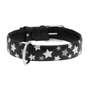 Plochý kožený obojok s hviezdičkami čierny svietiaci, Obvod krku: 19-25cm, šírka: 9mm