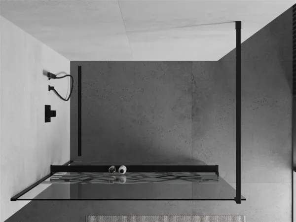 MEXEN/S - KIOTO Sprchová zástena WALK-IN s poličkou a držiakom uterákov 110 x 200, transparent/biely dekor 8 mm, čierna 800-110-121-70-85