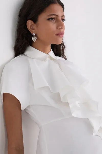 Košeľa Karl Lagerfeld Front Ruffle Sslv Poplin Shirt White