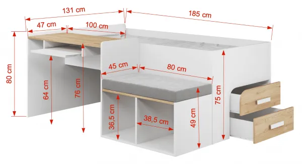 ArtBed Detská vyvýšená posteľ so stolíkom MEGAN | biela 80 x 180 cm