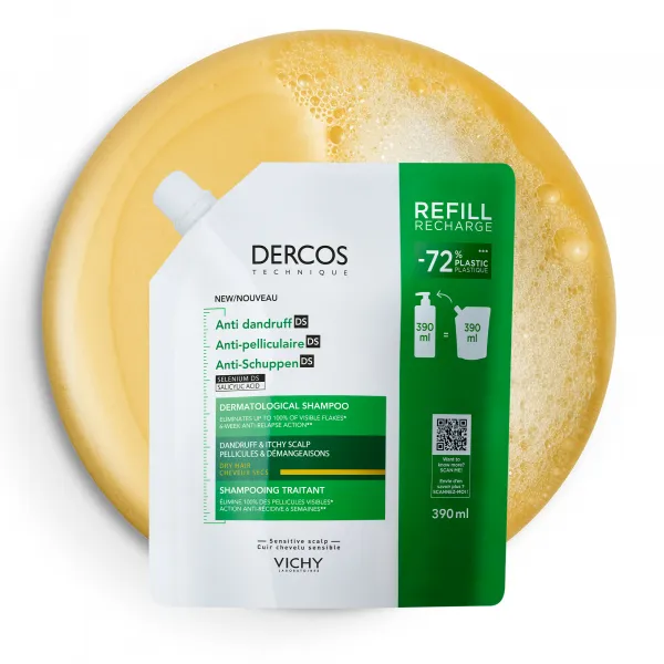 VICHY DERCOS Šampón proti lupinám suché vlasy - náhradná náplň 390 ml