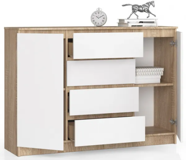 Ak furniture Komoda Kryštof 140 cm 2 skrinky a 4 zásuvky dub sonoma/biela