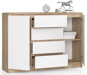 Ak furniture Komoda Kryštof 140 cm 2 skrinky a 4 zásuvky dub sonoma/biela