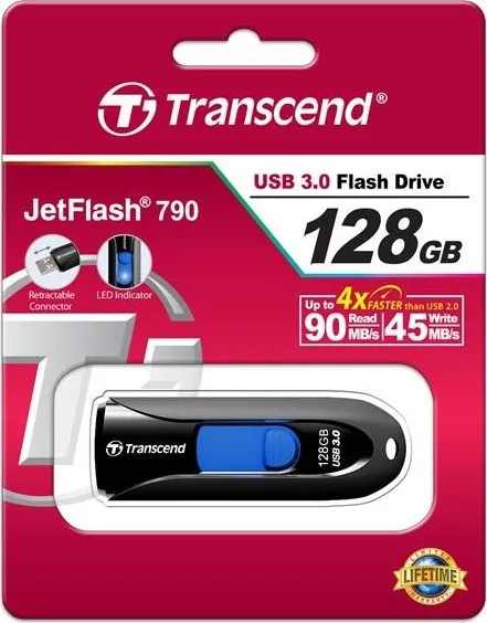 TRANSCEND Flash disk 128 GB JetFlash®790, USB 3.1 (R:90/W:40 MB/s) čierna/modrá