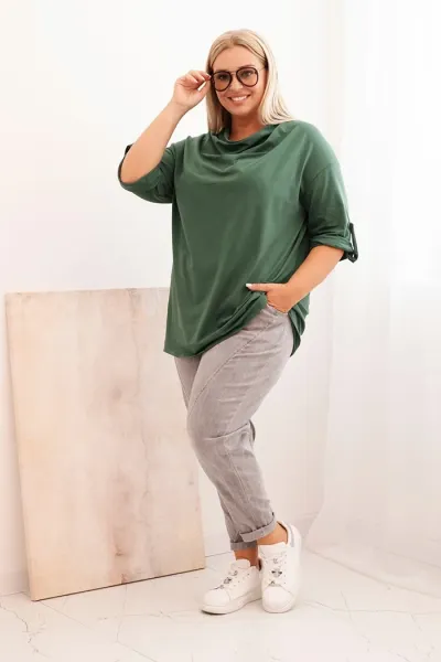 Legínovo Dámska blúzka Plus Size z bavlnou voľného strihu s vodným výstrihom béžová Farba: Tmavozelená, Veľkosť: UNI