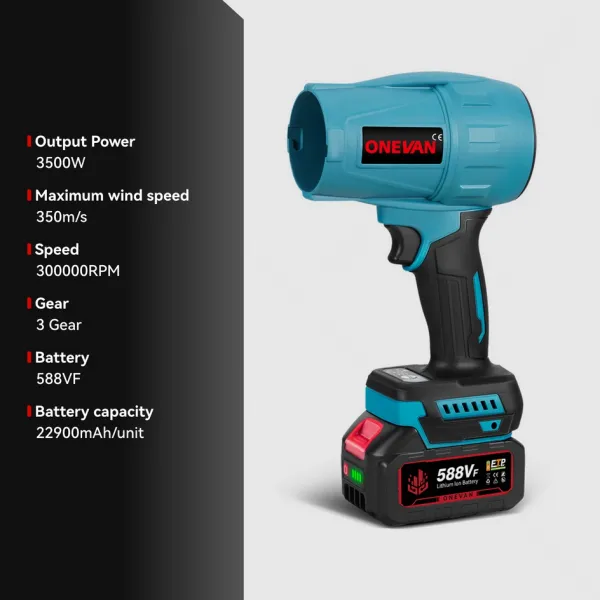 ONEVAN 3500W 300M/s bezkefový turboventilátorový akumulátorový turbo fén s nádstavcami,vhodný pre batériu MAKITA 18V