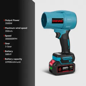 ONEVAN 3500W 300M/s bezkefový turboventilátorový akumulátorový turbo fén s nádstavcami,vhodný pre batériu MAKITA 18V