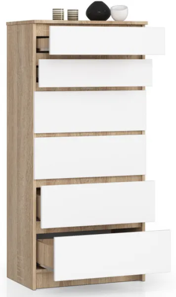 Ak furniture Komoda Kuba 60 cm - 6 zásuviek dub sonoma/biela