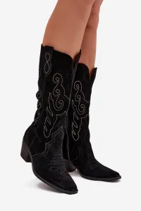 Zazoo Velúrové Dámske Cowboy Čižmy Na Opätku Čierne Karira