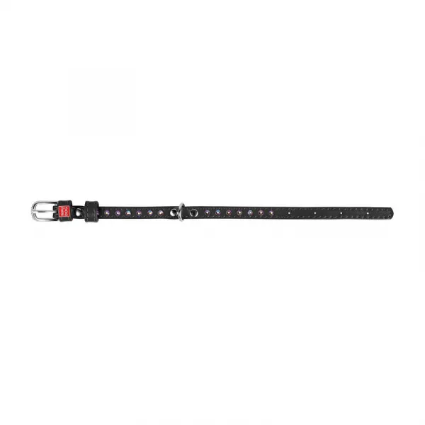 Plochý kožený obojok čiernej farby s kryštálmi, Obvod krku: 21-29 cm, širka: 12 mm