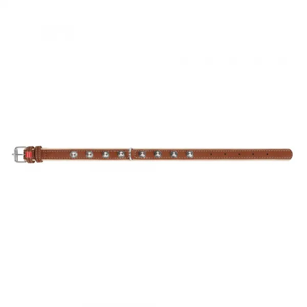 Plochý kožený obojok Soft s ostňami hnedo béžový, Obvod krku: dĺžka: 38 - 49 cm, šírka: 25 mm