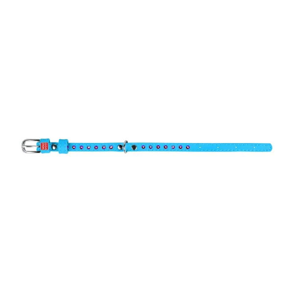 Plochý kožený obojok modrej farby s kryštálmi, Obvod krku: 30-39 cm, širka: 20 mm