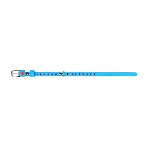 Plochý kožený obojok modrej farby s kryštálmi, Obvod krku: 30-39 cm, širka: 20 mm