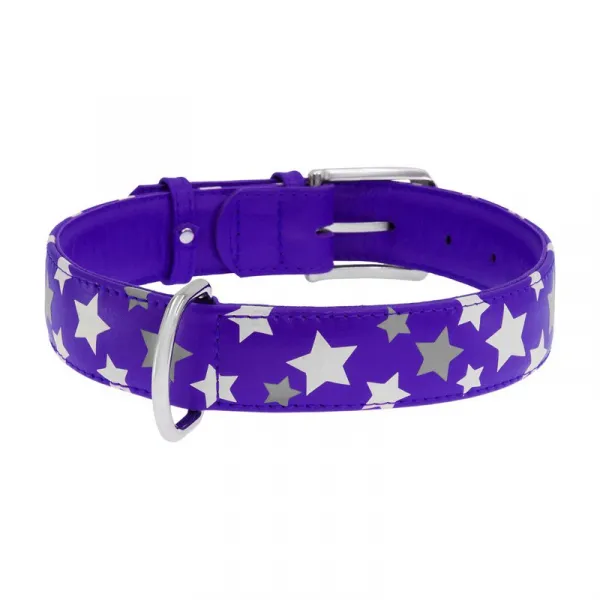 Plochý kožený obojok s hviezdičkami fialový svietiaci, Obvod krku: 19-25cm, šírka: 9mm